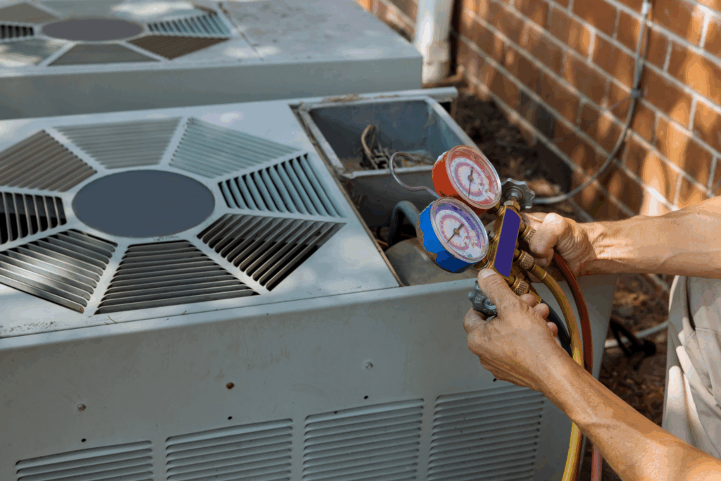 HVAC technician checking refrigerant pressure on an outdoor air conditioning unit using manifold gauges during system maintenance.
