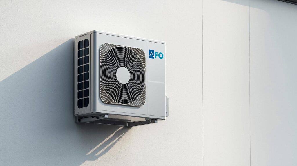 Wall-mounted outdoor heat pump condenser installed on an exterior wall.