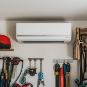 A wall-mounted air conditioner is installed above a workbench with various tools hanging on racks in a garage or workshop.