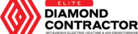Red geometric logo with the words “Elite Diamond Contractor” in bold black text, and “Mitsubishi Electric Heating & Air Conditioning” in smaller gray text below.