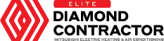 Red geometric logo with the words “Elite Diamond Contractor” in bold black text, and “Mitsubishi Electric Heating & Air Conditioning” in smaller gray text below.