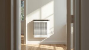 A wall-mounted air purifier with a digital display is installed in a bright, minimally furnished room with hardwood floors and sunlight streaming through the window.