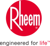 Rheem logo in white text on a red circle with the slogan "engineered for life" below in black and red text.