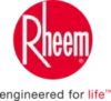 Rheem logo in white text on a red circle with the slogan "engineered for life" below in black and red text.